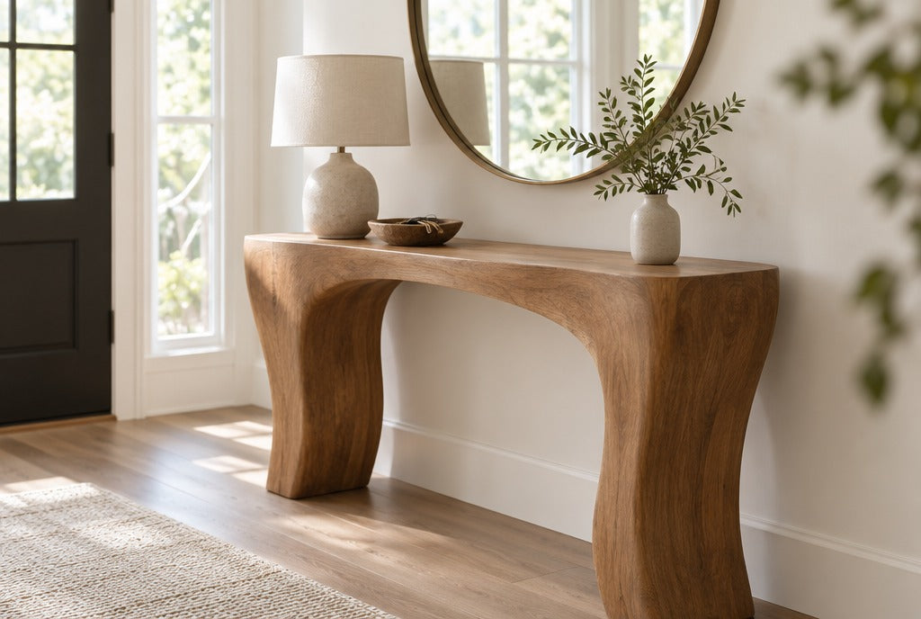 A sculpted solid wood console table with flowing legs in a bright entry with a round mirror, a lamp and a bowl for keys