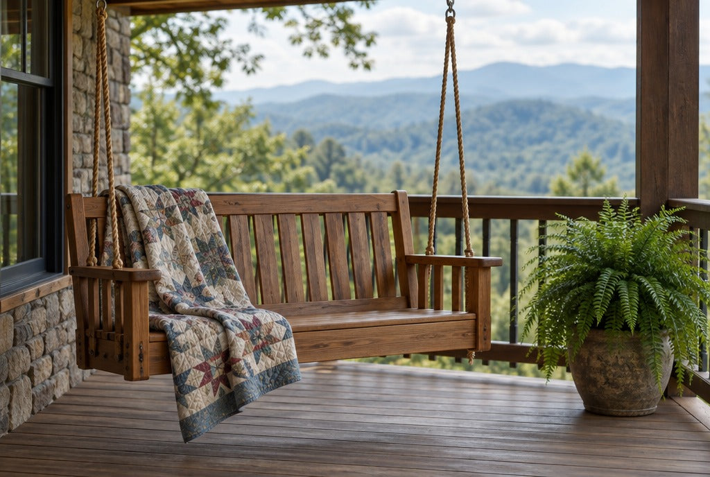 A solid wood porch swing bench on a covered porch of a mountain home with wooded ridges in the distance, a quilt and a potted fern