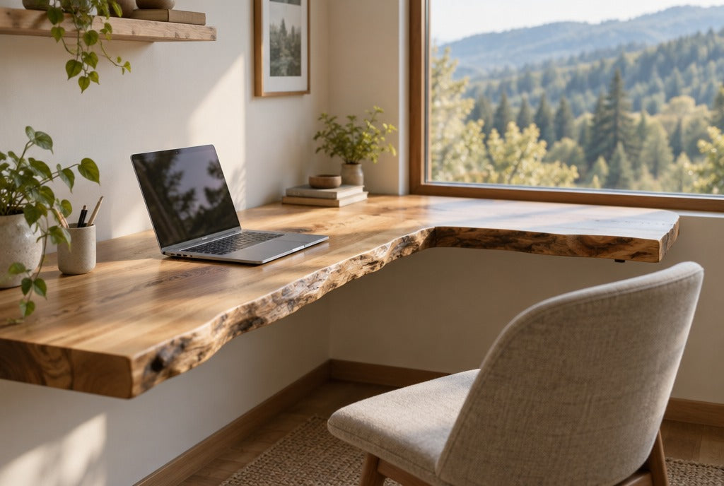 A live edge solid wood corner desk with a floating top and a laptop in a sunny small home office with a window view of wooded hills