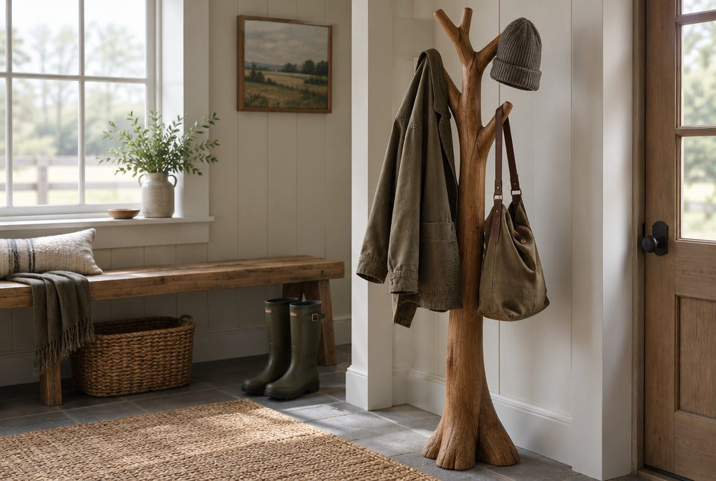 A sculpted solid wood tree coat rack holding a canvas jacket, a wool hat and a bag in a farmhouse mudroom with a bench, boots and a woven mat