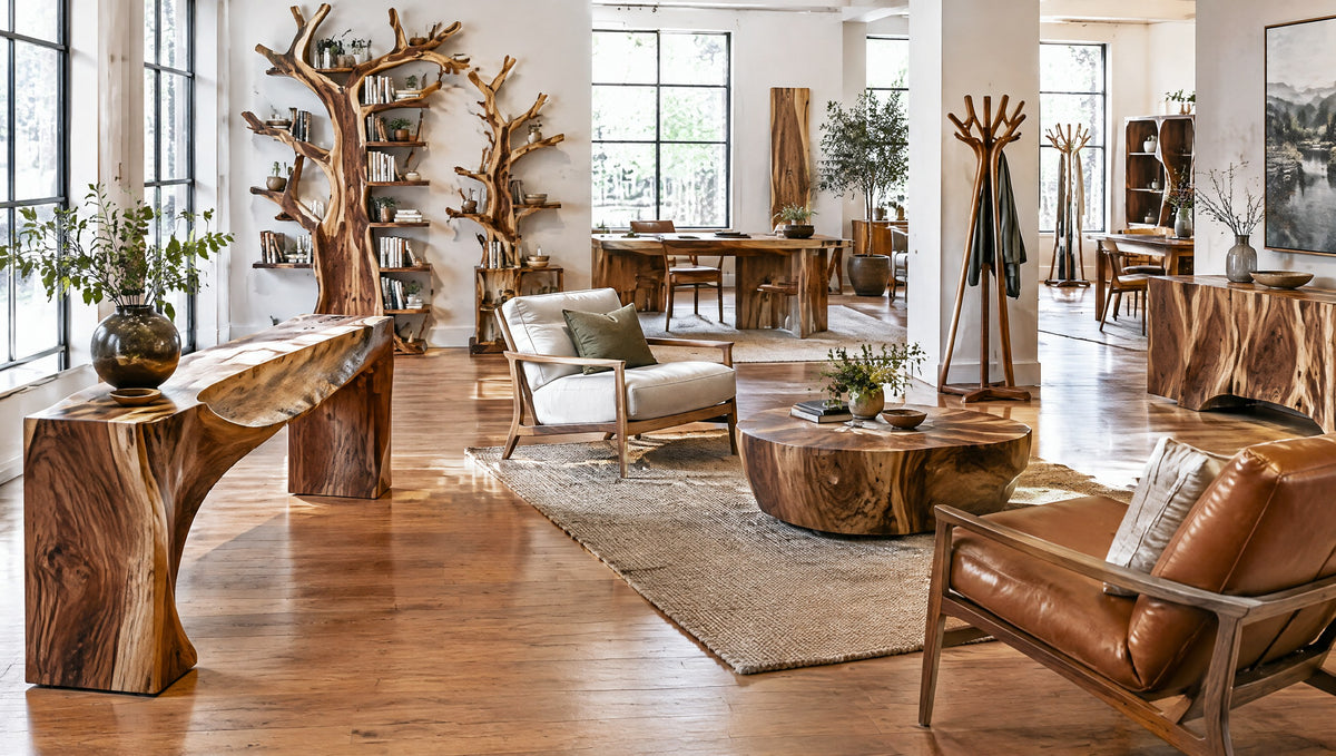 A bright showroom with newly built sculpted solid wood consoles, tree bookshelves, chairs and coat racks