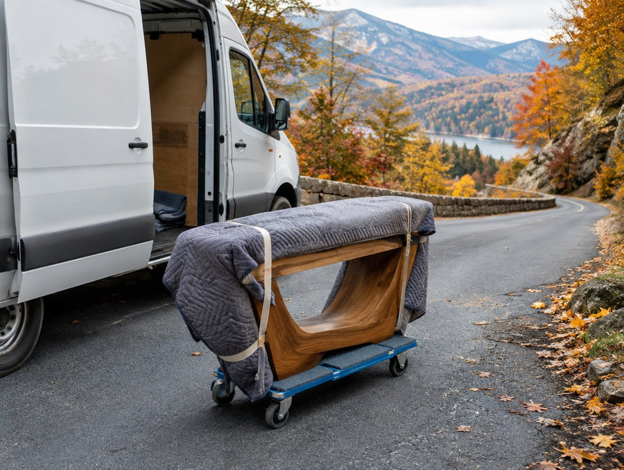 A blanket-wrapped sculpted wood console on a dolly beside a delivery van on a mountain road